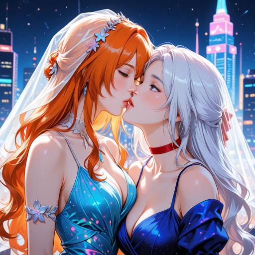 Futuristic Yuri Kiss in Neon City