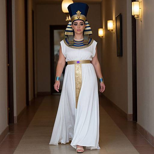 Photograph of a woman in ancient Egyptian attire: white dress, gold belt, striped headdress, blue and gold jewelry, walking down a dimly