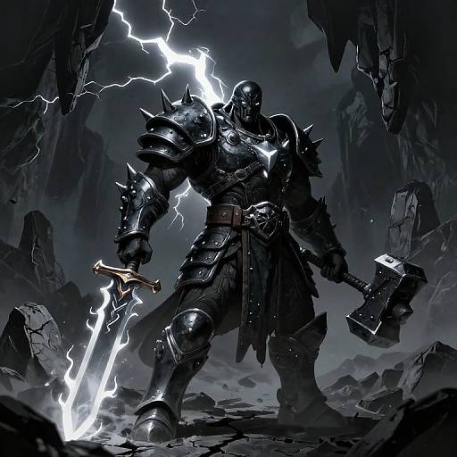 Digital fantasy artwork of a dark, muscular armored warrior wielding a glowing lightning sword and war hammer, standing in a stormy, rocky cavern.