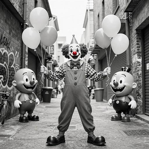 Photograph of a clown in a plaid shirt and overalls, holding white balloons, standing between two large cartoon characters in a narrow, graffiti-covered