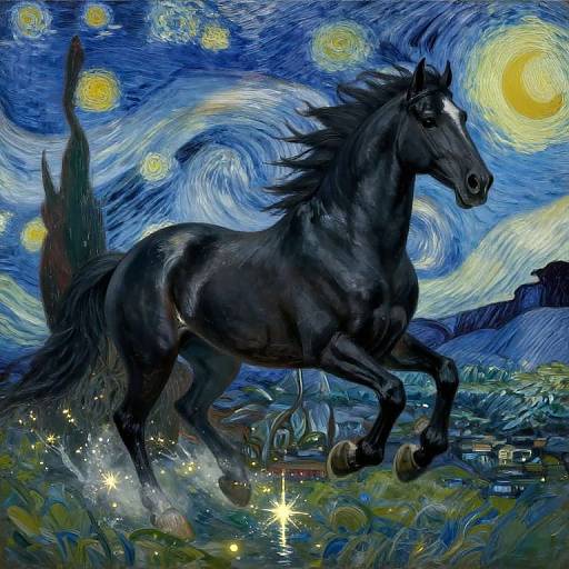 Majestic Black Horse in Fantastical Landscape