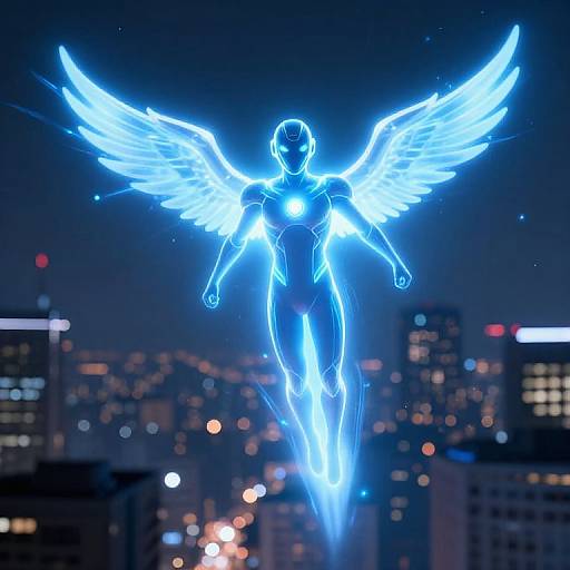 Digital artwork: Neon blue glowing angel with outstretched wings, floating above a cityscape at night, with blurred lights from buildings.