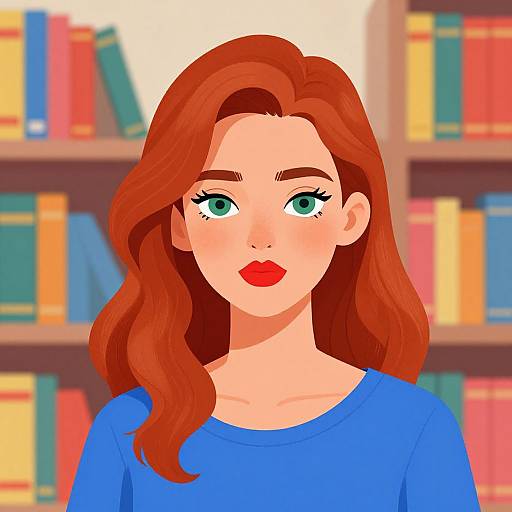 Digital illustration of a red-haired woman with green eyes, blue shirt, red lips, and wavy hair, standing in front of a bookshelf.