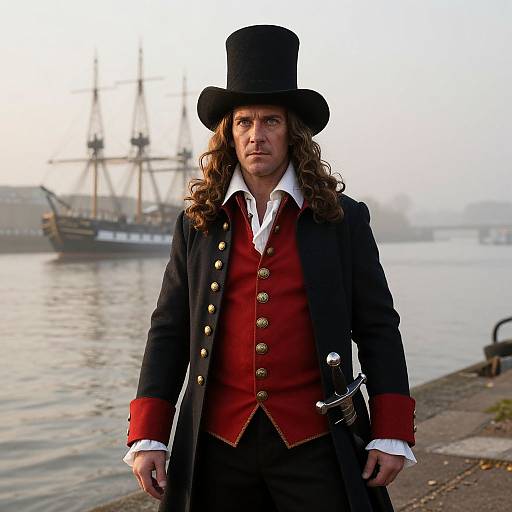 Photograph of a stern-looking man with long curly hair, wearing a black top hat, red vest, black coat, and white shirt, standing by