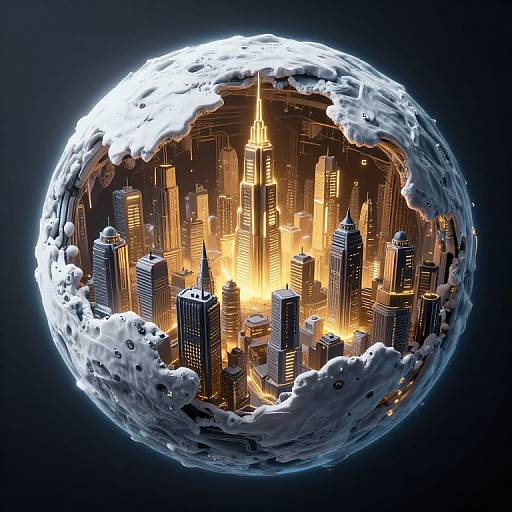 Digital artwork of a glowing cityscape encircled by a white, cloud-like sphere in a dark, cosmic background. Bright, illuminated skyscrapers