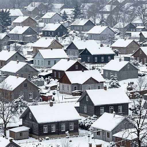 Photograph of a snowy suburban neighborhood with dark wooden houses, white roofs, and leafless trees, viewed from an elevated angle.