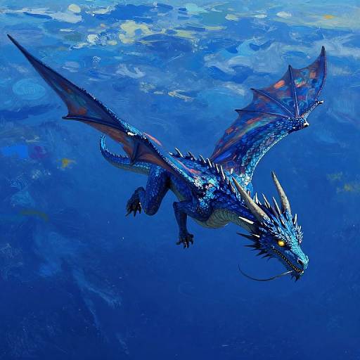 Digital illustration of a vibrant blue dragon with orange-tinted wings swimming underwater, surrounded by faintly visible fish and sunlight filtering through the water.