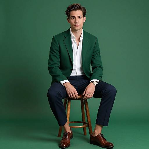 Photograph of a handsome man with short dark hair, wearing a green blazer, white shirt, dark pants, brown shoes, sitting on a wooden