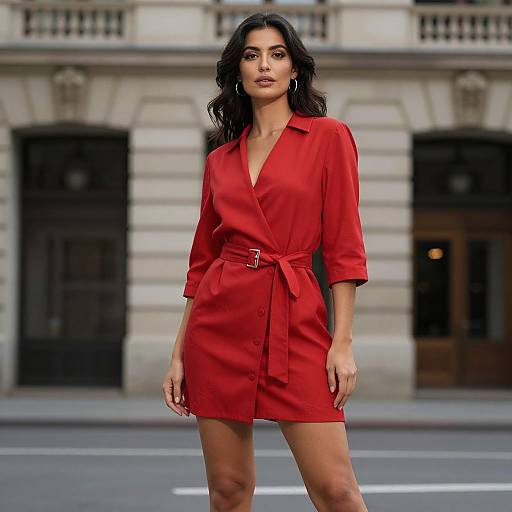 Photograph of a confident woman with dark wavy hair, wearing a vibrant red, belted, V-neck mini dress, standing in front of an