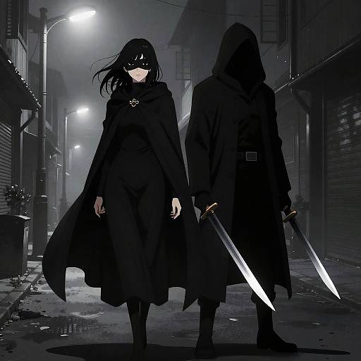 Shadowy Duo in Foggy Street