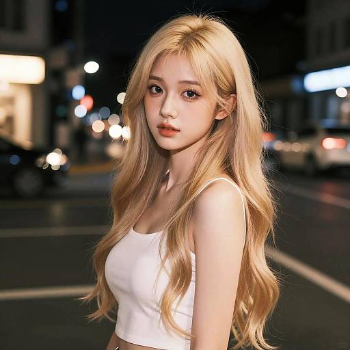 Photorealistic digital artwork of a young Asian woman with long, wavy blonde hair, wearing a white crop top, standing on a nighttime city street