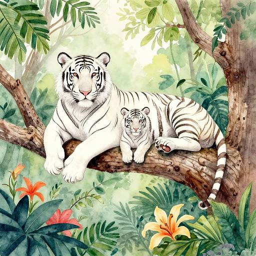White Tiger and Cub in Jungle Tree