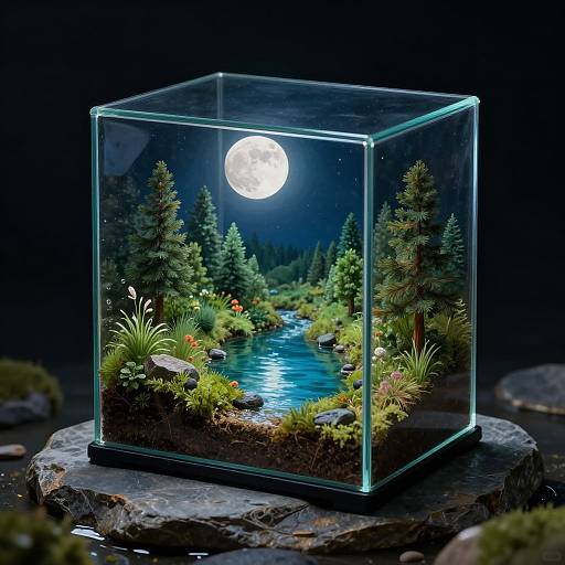 Photograph of a glass cube terrarium with a moonlit forest scene, featuring a reflective blue stream, green trees, and colorful plants, resting on