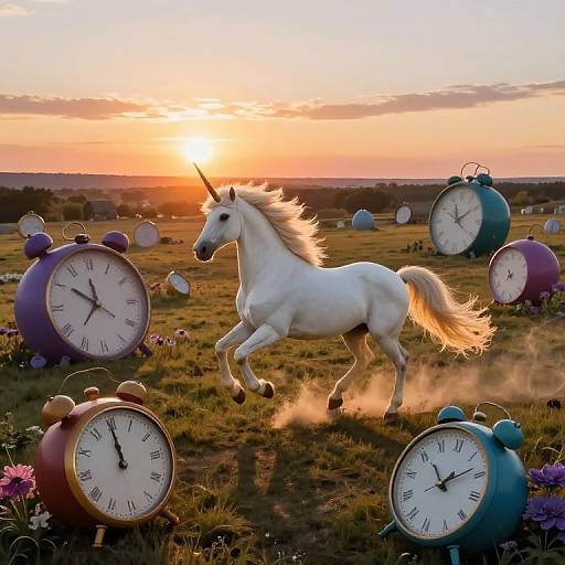 Photograph of a white unicorn galloping in a grassy field at sunset, surrounded by oversized, colorful alarm clocks with ringing bells.