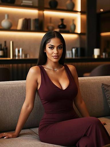 Photograph of a confident woman with long black hair, wearing a deep burgundy, sleeveless dress with a low neckline, seated on a gray couch