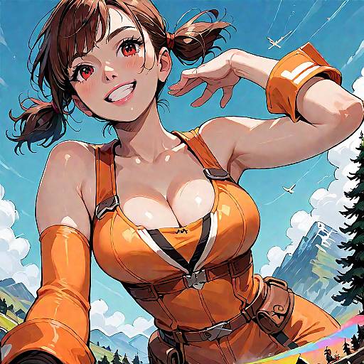 Digital anime-style drawing of a smiling, brown-haired woman with red eyes in an orange, strapless, cleavage-revealing outfit, set against