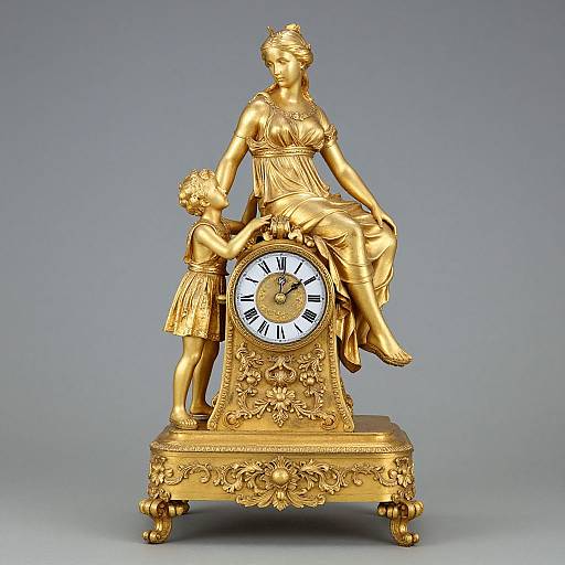 Golden neoclassical clock statue featuring a woman and child, with detailed floral carvings, Roman numerals, and a serene expression.