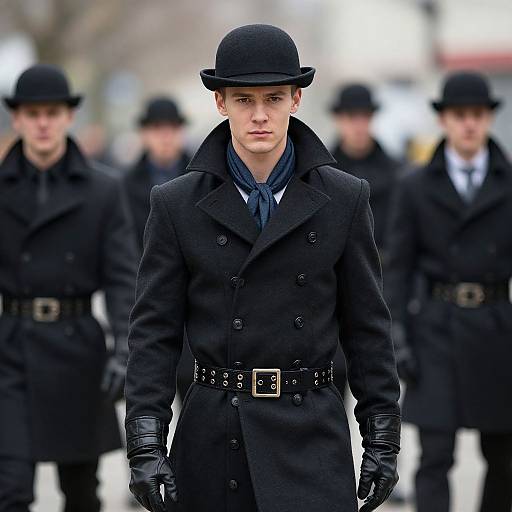 Photograph of a young Caucasian man in a black double-breasted coat, black bowler hat, gloves, and belted trousers, standing in front
