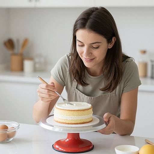 Photograph of a smiling brunette woman in a gray t-shirt, frosting a two-layer cake on a red stand in a bright, modern kitchen.