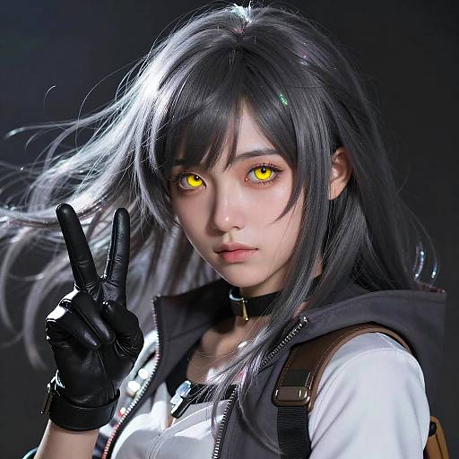 Photorealistic digital artwork of an Asian woman with glowing yellow eyes, long black hair, black gloves, white shirt, and black vest, flashing a