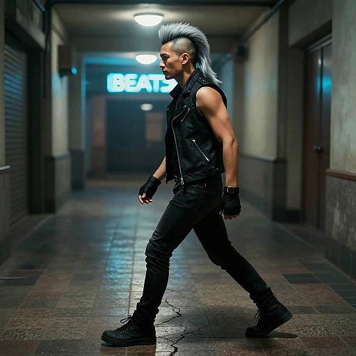 Photograph-style digital art of a muscular, silver mohawked man in black leather vest, gloves, and pants, walking down dimly lit,