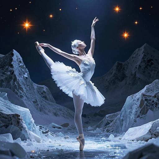 Photograph of a ballerina in a glowing white tutu, en pointe, dancing on an icy stage with illuminated stars and snow-covered mountains