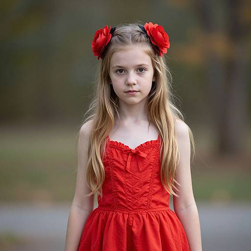 Photograph of a young girl with long blonde hair, wearing a red floral hair accessory, and a vibrant red lace dress, standing in a blurred outdoor