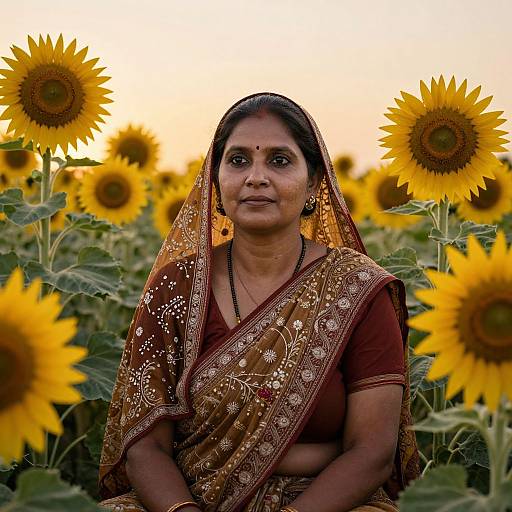 Photograph of an Indian woman with dark skin and black hair, wearing a brown and gold embroidered sari, seated in a sunflower field at sunset