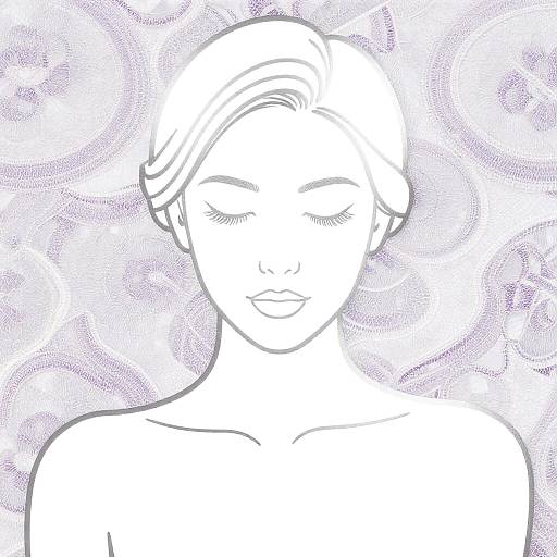Black-and-white line drawing of a serene, closed-eyed woman with short, wavy hair, against a textured, swirling purple background.