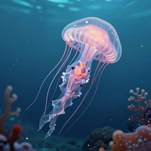 Photograph of a glowing jellyfish with orange and white accents, translucent bell, and flowing tentacles, floating in a vibrant blue underwater coral reef.