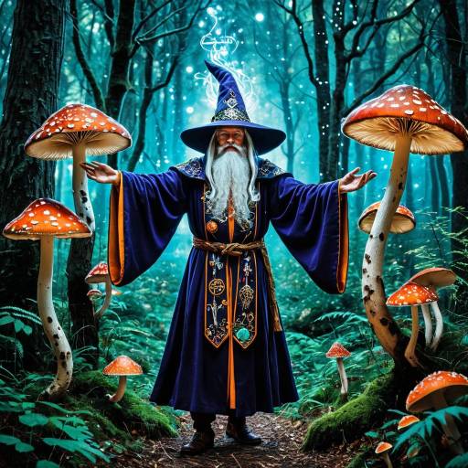 Wizard in Enchanted Forest with Glowing Mushrooms