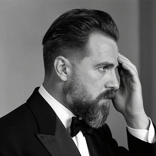 Black-and-white photograph of a bearded man in a formal suit, hand resting on his forehead, looking pensively to the side.