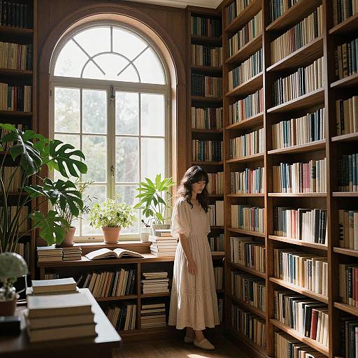 Photograph of a young woman in a white dress, standing in a sunlit library with tall shelves of books, large arched window, and p