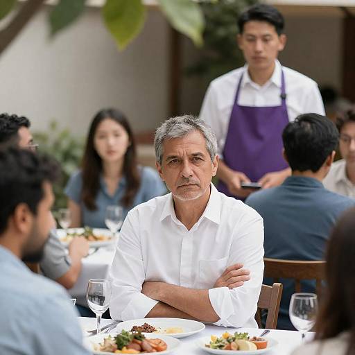 Group Dining Scene with Serious Expressions