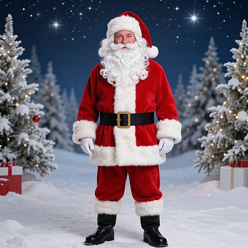 Photograph of a traditional Santa Claus with a white beard, red suit with white trim, black belt, and black boots, standing in a snowy,
