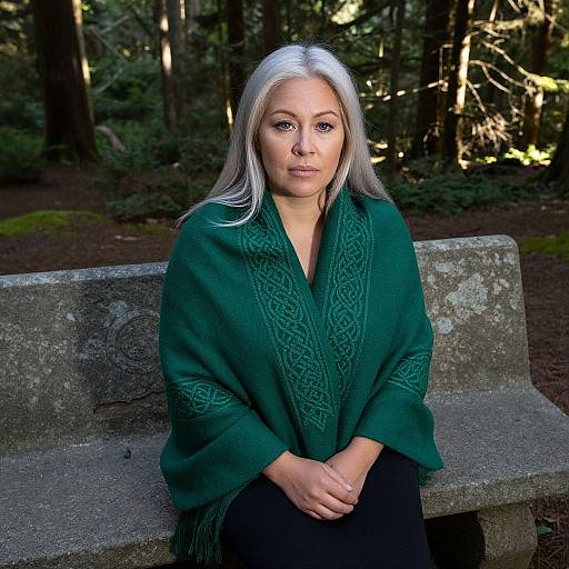 Photograph of a fair-skinned woman with long silver hair, wearing a green Celtic-knit shawl, seated on a moss-covered stone bench in