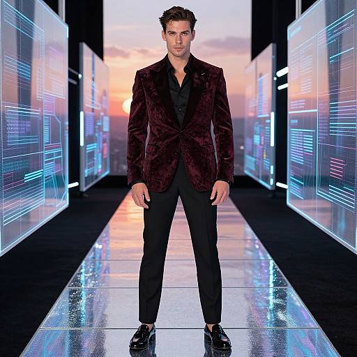 Photograph of a tall, attractive man with short brown hair, wearing a dark velvet blazer, black shirt, and black pants, standing on a