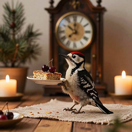 Speckled Woodpecker Holding Plate with Seed Bread