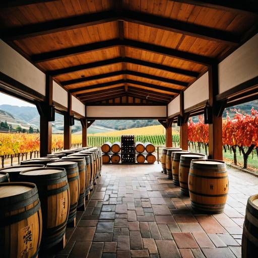 Autumn Winery Tasting Room with Barrels and Vineyards