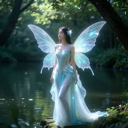 Photograph of a glowing, fairy-like woman with translucent wings and a shimmering, ethereal dress standing in a dark, forested pond.
