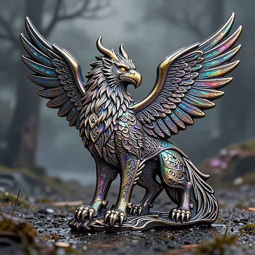 Digital artwork of a metallic, iridescent griffin with detailed feathers and wings, standing in a misty, forested background.