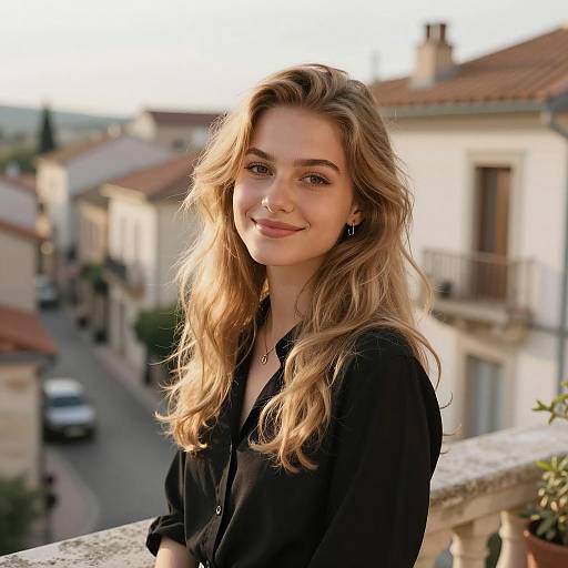 Smiling Woman Overlooking Quaint Town