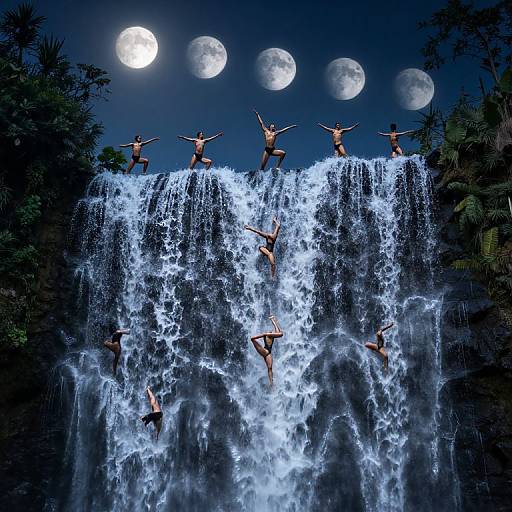 Moonlit Synchronized Swimmers Ascending Waterfall
