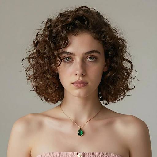 Young Woman with Curly Hair and Green Gemstone Necklace