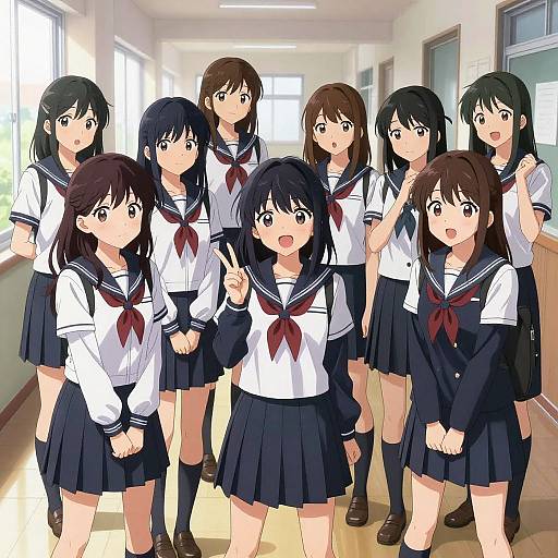 Digital anime illustration of ten Japanese schoolgirls in white sailor uniforms with navy skirts, standing in a bright, sunlit hallway. One girl makes a peace