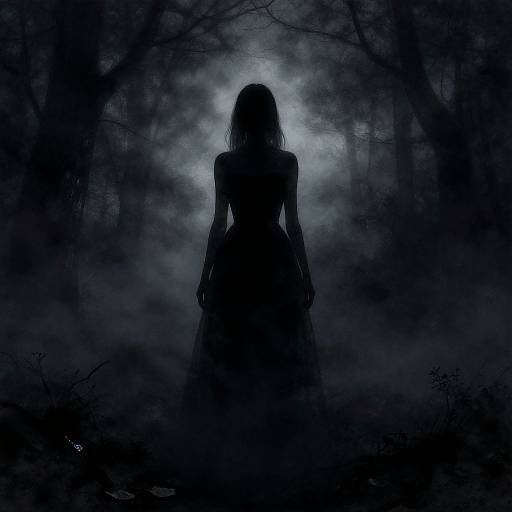 Silhouetted woman in a long dress, standing in a dark, misty forest, illuminated by a glowing, eerie blue light from behind.