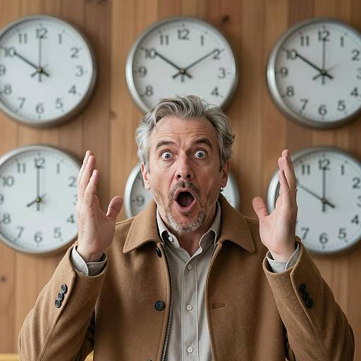 Shocked Man Against Clock-Laden Wall