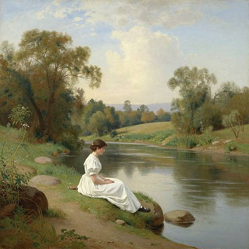 Oil painting of a young woman in a white dress sitting by a tranquil river, surrounded by lush trees and rocks.