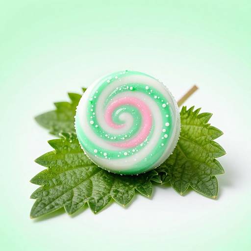 Vibrant Mint Spiral Candy on Leaf