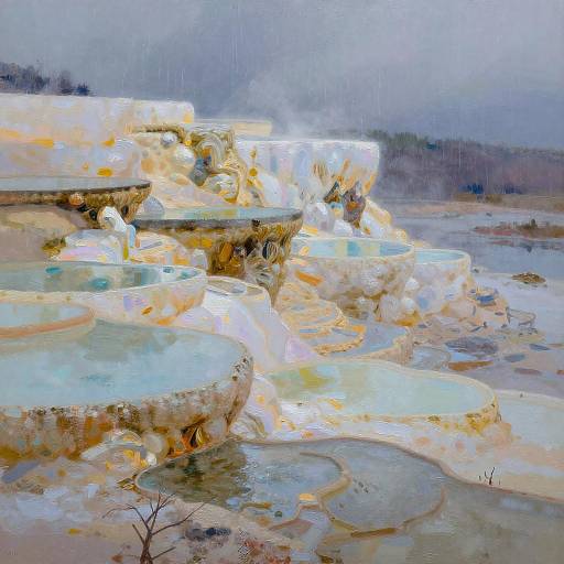 Impressionistic painting of cascading white waterfalls with golden highlights, surrounded by misty, blurred landscape and reflective water in the foreground.